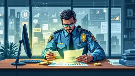 Police investigator examining financial documents digital data security global financial crime officer office