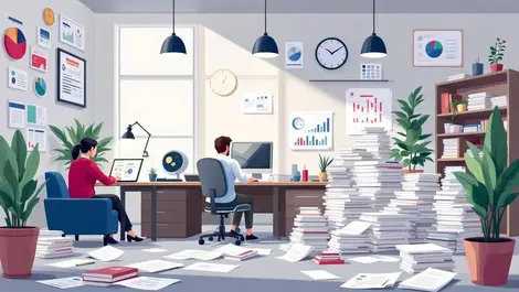 Uk small business office people working on laptops with paperwork and charts supporting productivity and automation