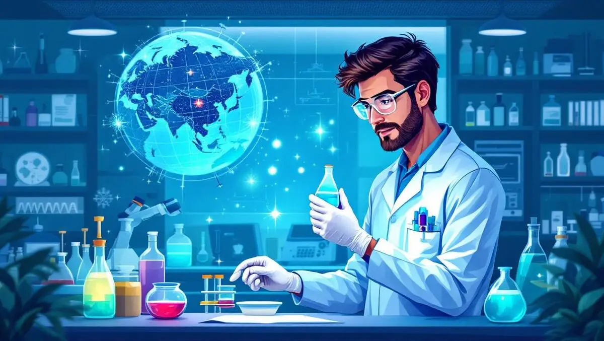 Scientist modern laboratory bright liquid vial medical research globe canada germany us uk france australia