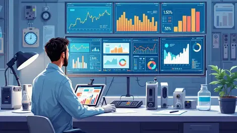 Scientists laboratory automated machines analyzing graphs data quality control biostatistics