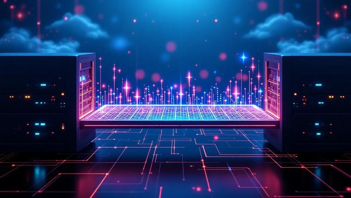 Realistic data flow digital bridge between modern server racks fast efficient data migration