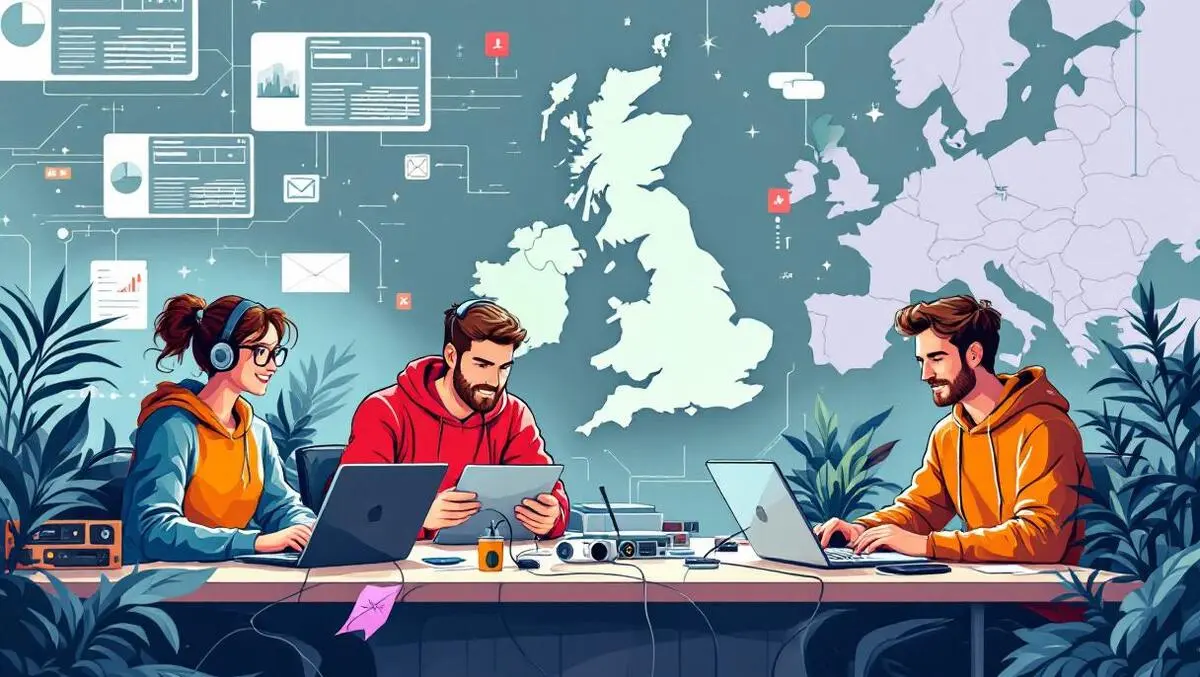 Young entrepreneurs working laptops computer hardware uk europe map background