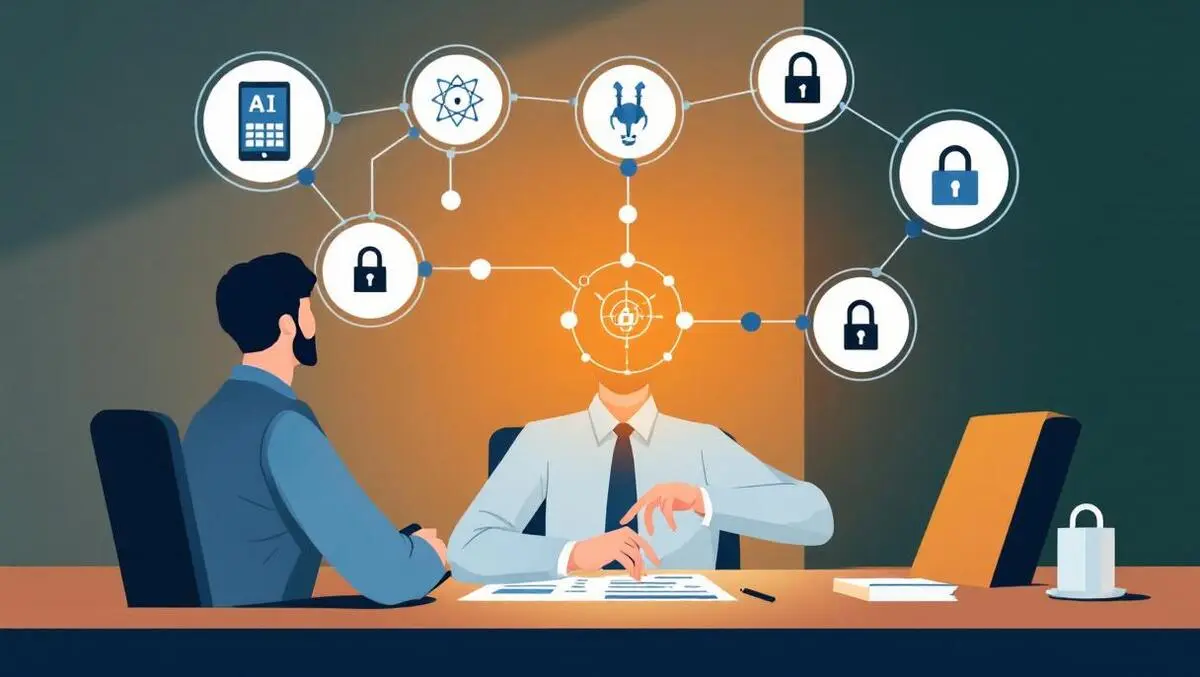 Business leader analyzing ai network diagram with lock icons for responsible governance