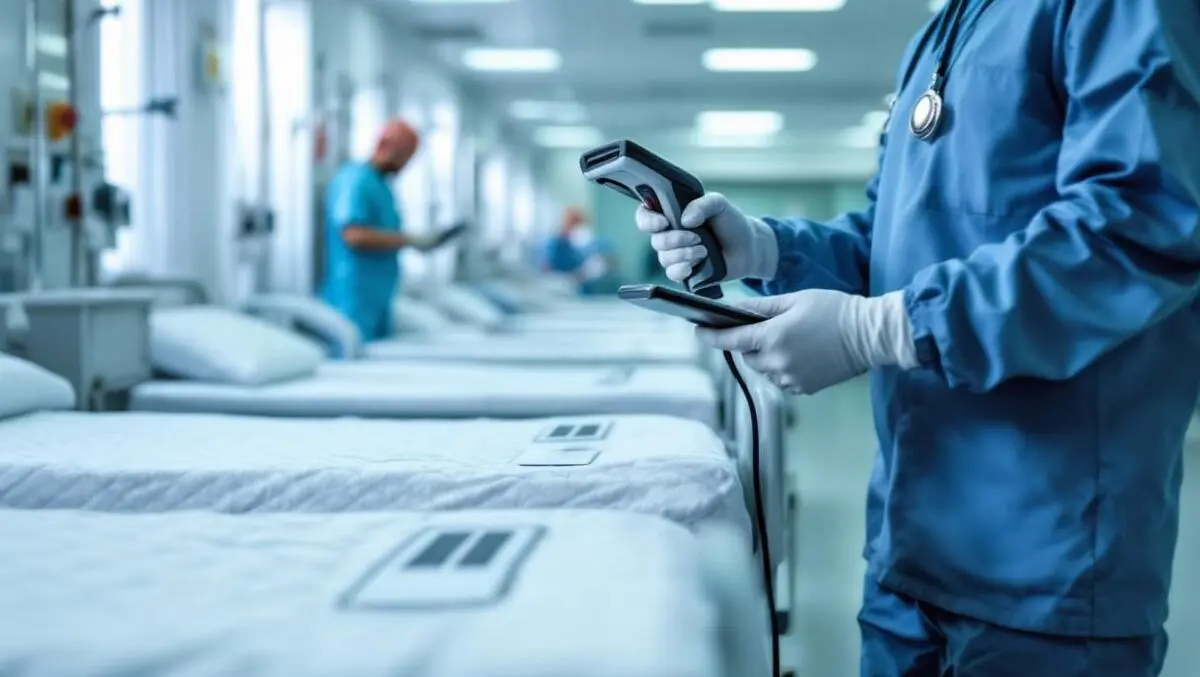 Hospital staff scanning rfid tags on mattresses in clinical ward