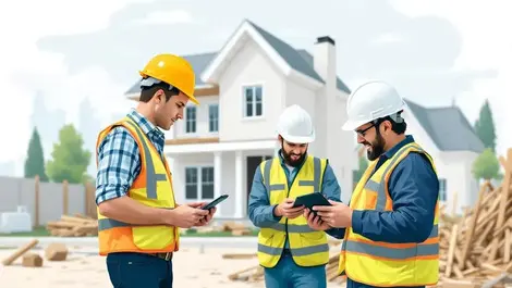 Construction workers inspectors tablets smartphones disaster recovery building site