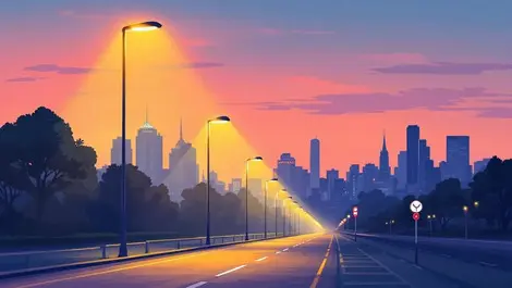 Modern australian city street streetlights dusk soft glow sensors