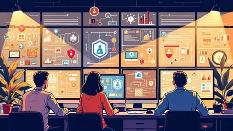 Office workers monitoring ai icons and shields on multiple screens security