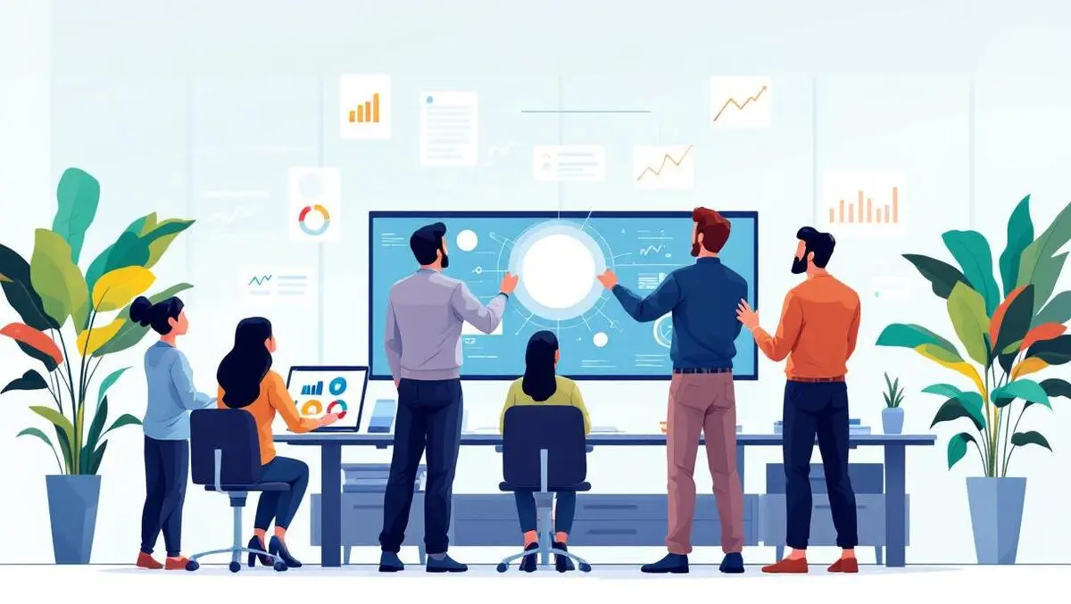 Office workers ai training large computer screen data charts digital interfaces modern workplace