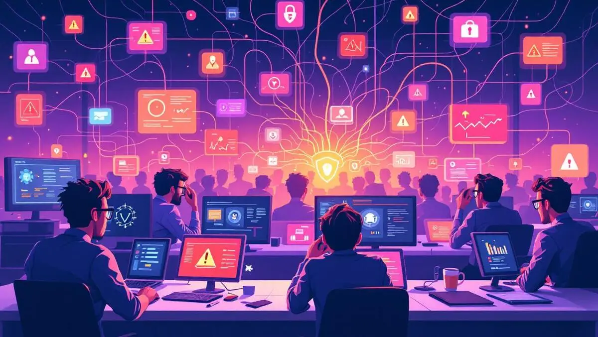 Overwhelmed security professionals warning screens tangled lines vulnerabilities office