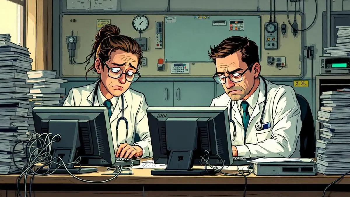 Tired uk healthcare workers old bulky computers tangled wires hospital