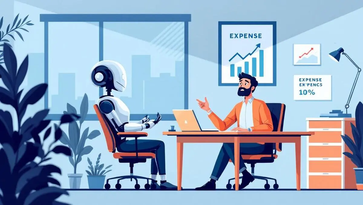 Worried small business owner reviewing rising expense charts robot uk office