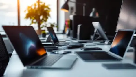 Modern office desk with multiple laptops tablets desktop computers western europe pc sales upgrades