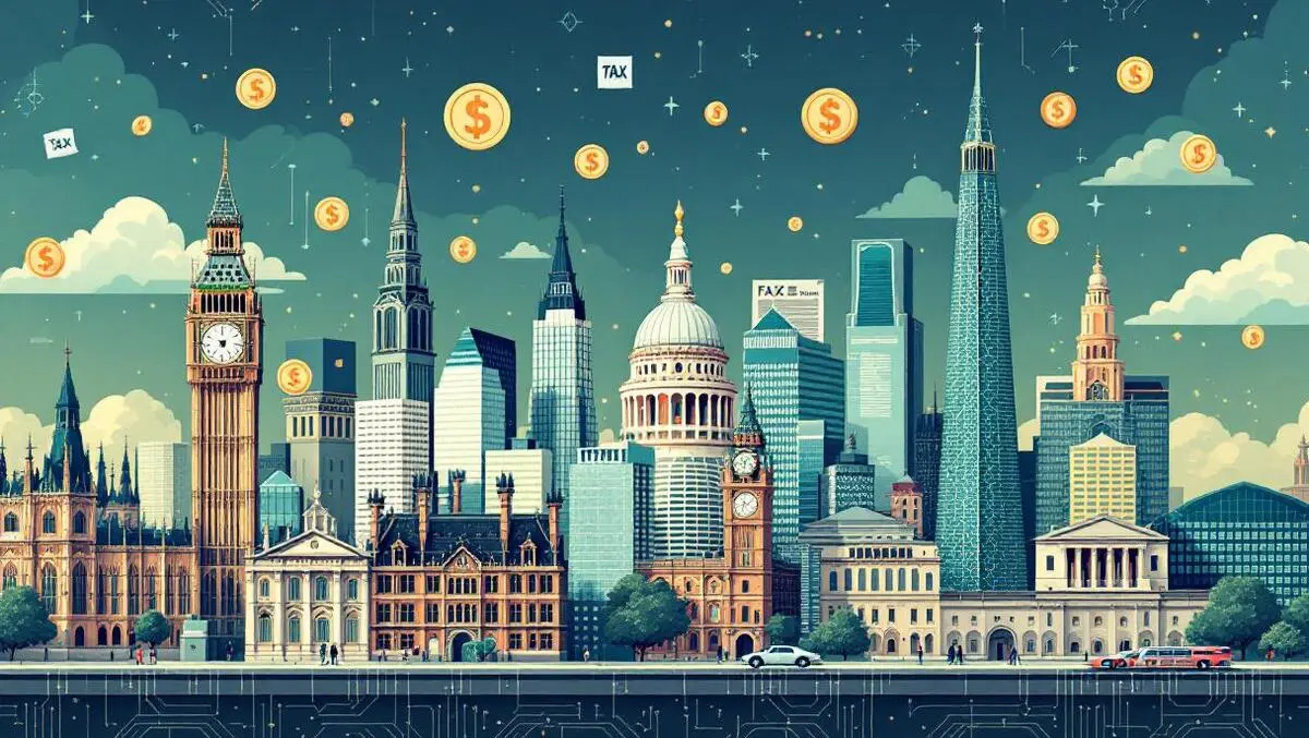 British city skyline traditional modern digital circuit supercomputer financial symbols