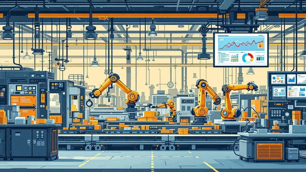 Modern factory interior advanced machinery robotic arms data analytics ai automation