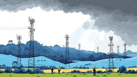 Illustrated new zealand landscape cell towers technicians stormy skies clearing network repair