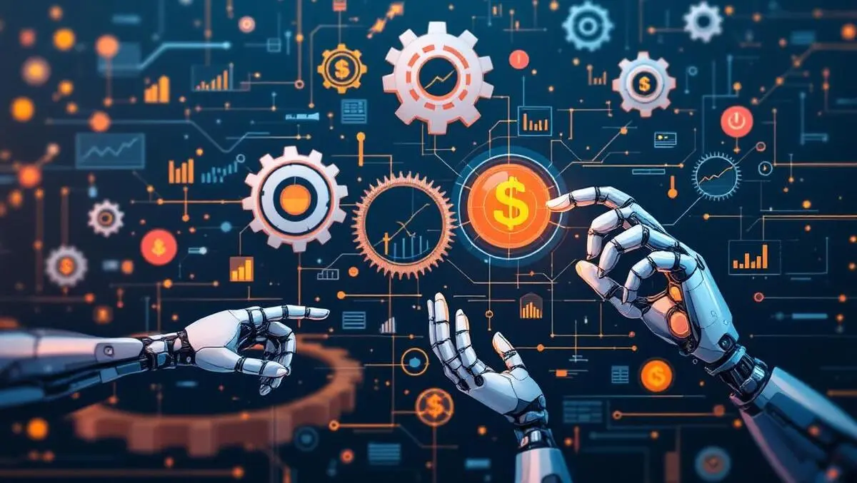 Abstract gears digital data streams robotic hands financial ai automation