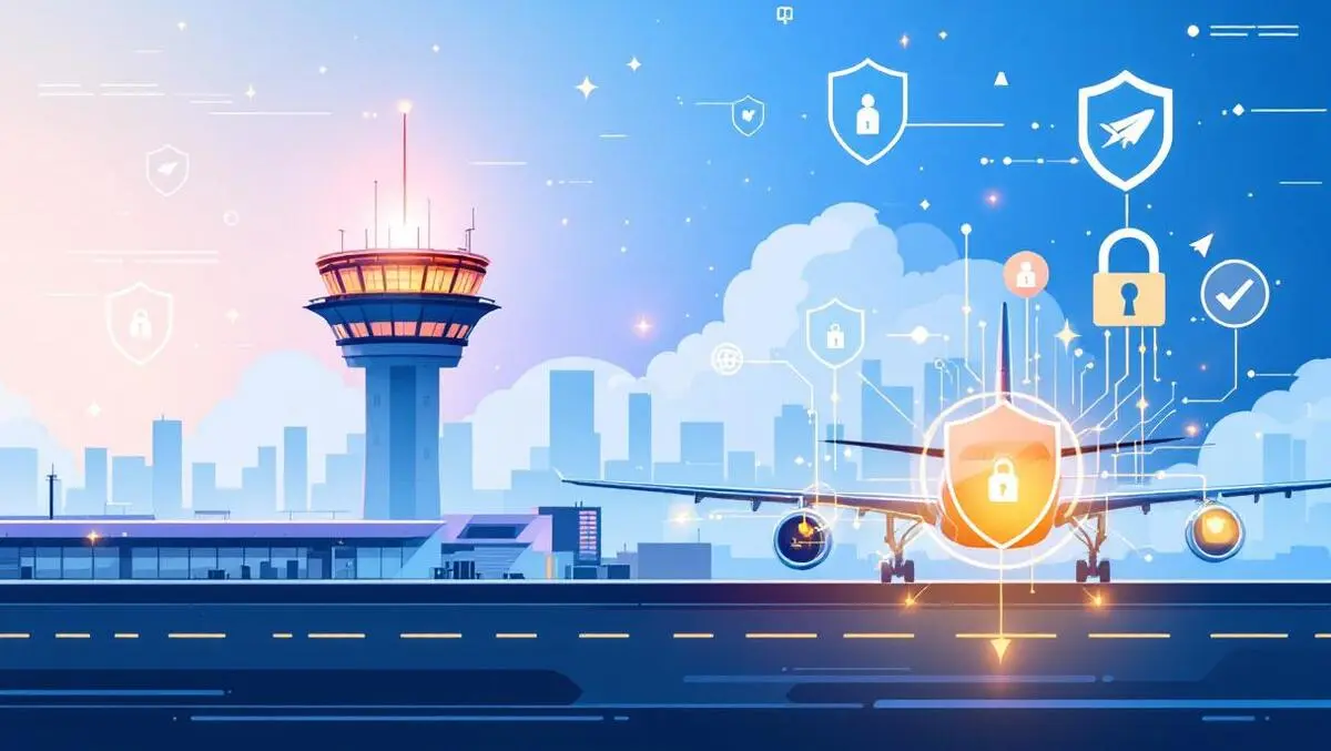 Airport control tower airplane digital shield security aviation vigilance