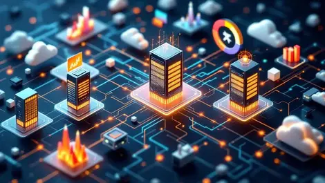 Interconnected cloud servers computer networks glowing connections digital analytics symbols it infrastructure monitoring