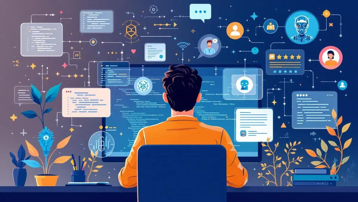 Programmer computer floating code snippets digital icons people ai collaboration technical problem solving