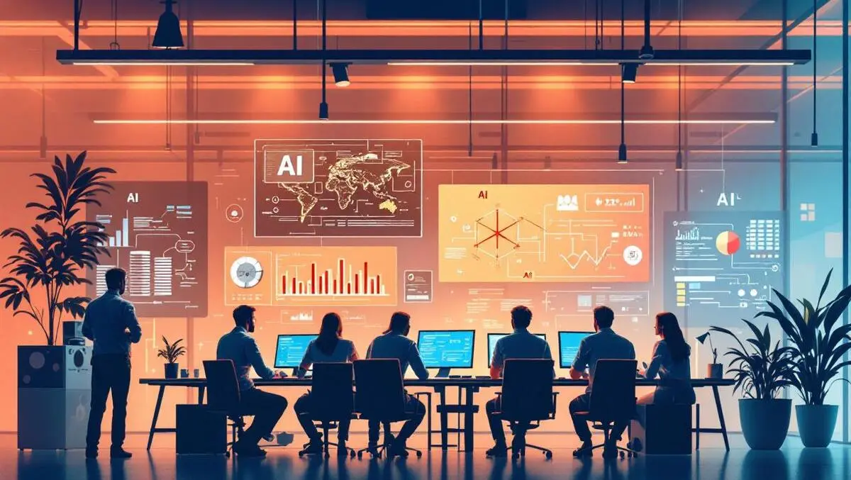 Engineers data scientists collaborating modern office ai network diagrams