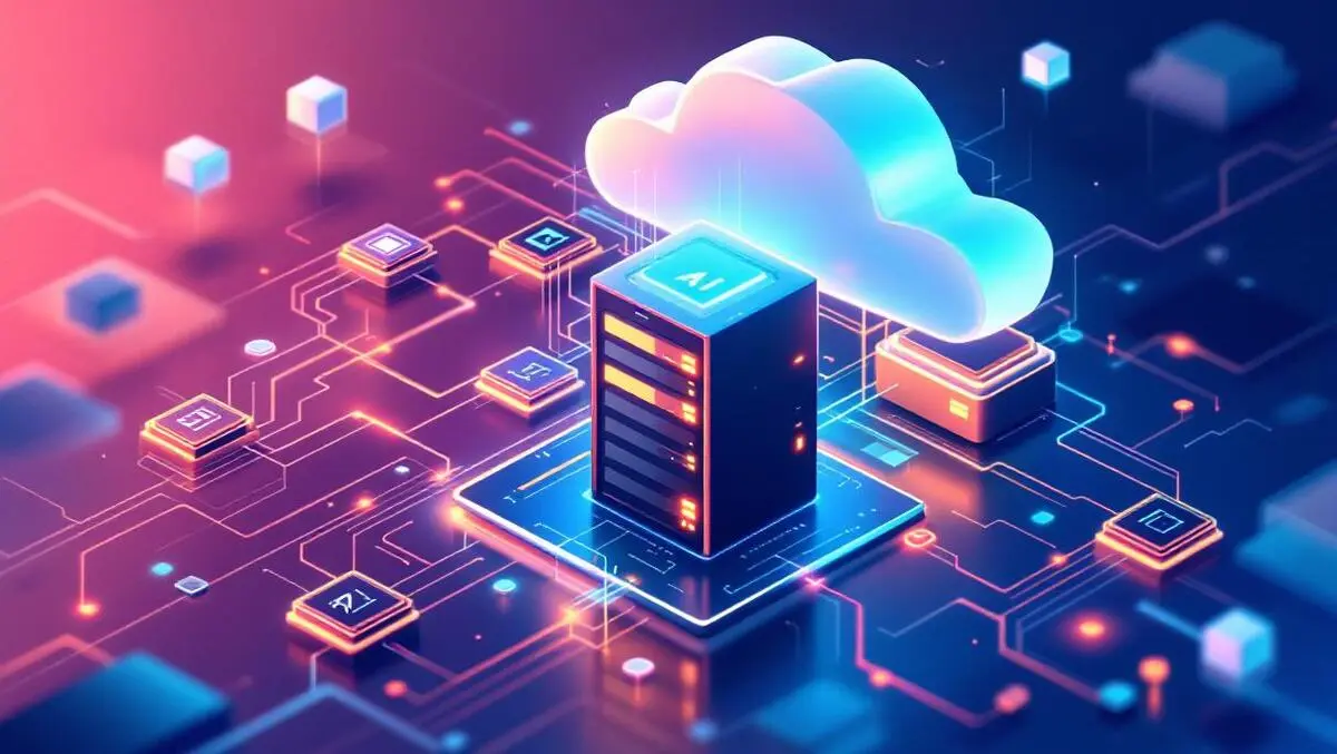 Computer servers connected to ai chips with cloud and dynamic data flow symbolizing cloud ai infrastructure
