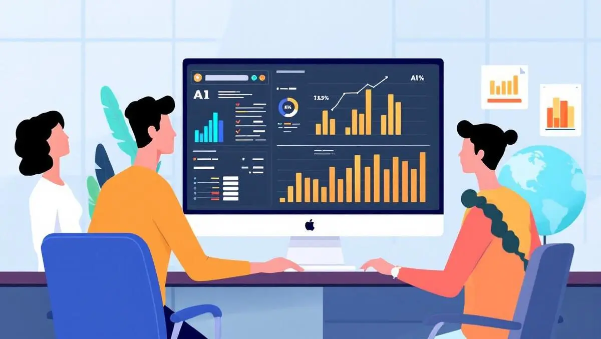 Office team collaborating around computer showing ai driven analytics modern workplace