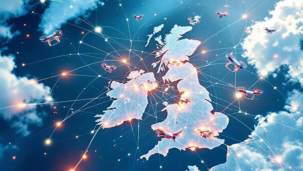 Modern drones flying over uk map with supply chain connections tech