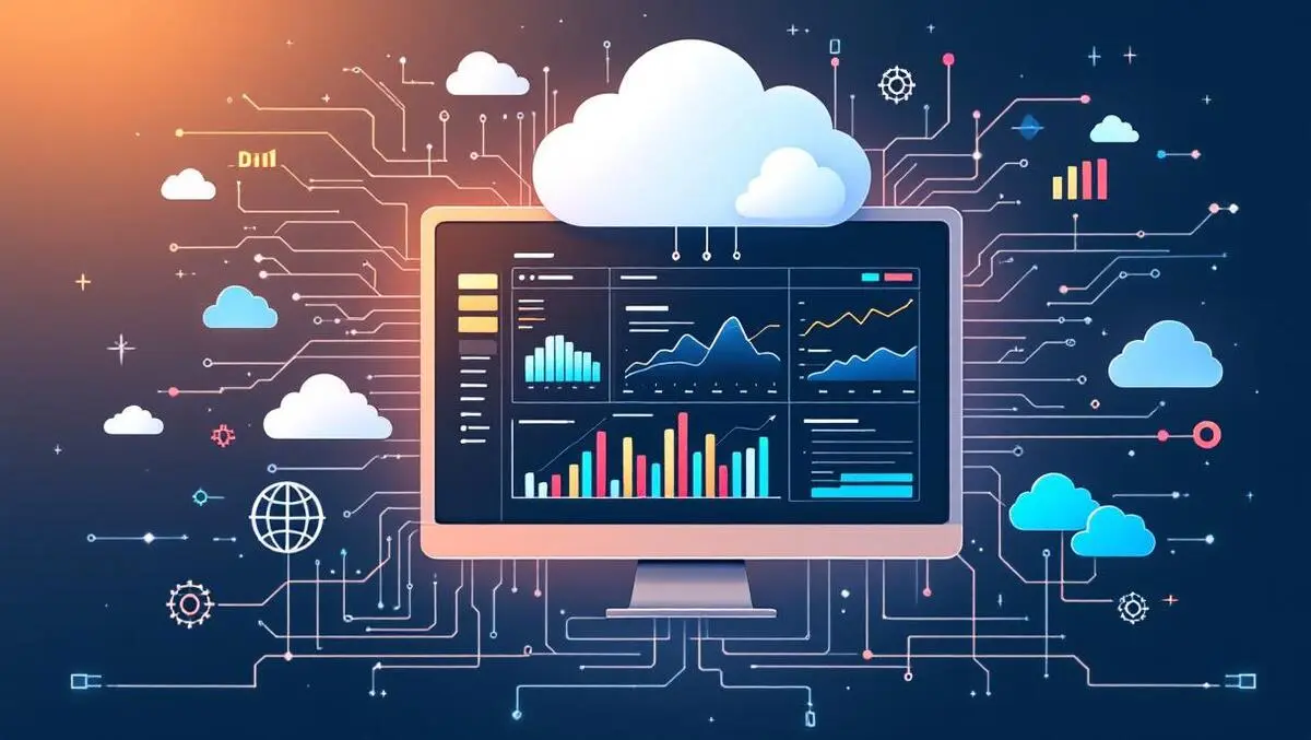 Realistic cloud server dashboard charts graphs digital icons circuit patterns efficient it management
