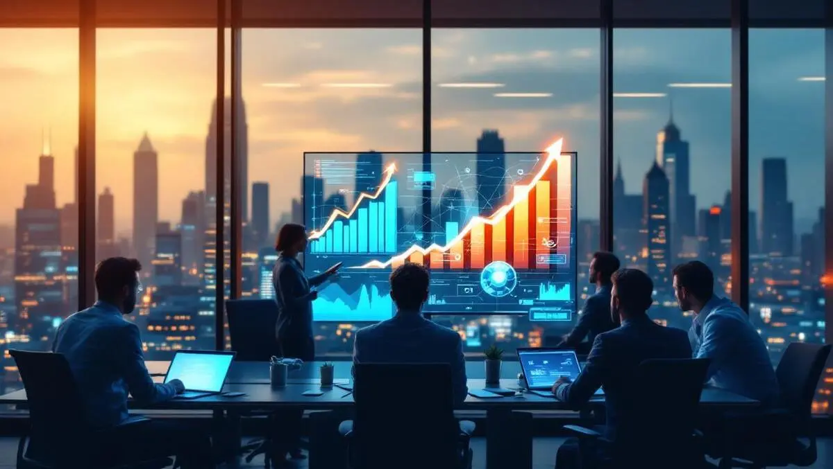 Modern glass office execs it team ai analytics global city view