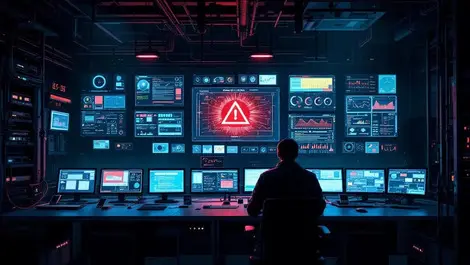 Ai cyber attack scada control room red alert shadowy hacker