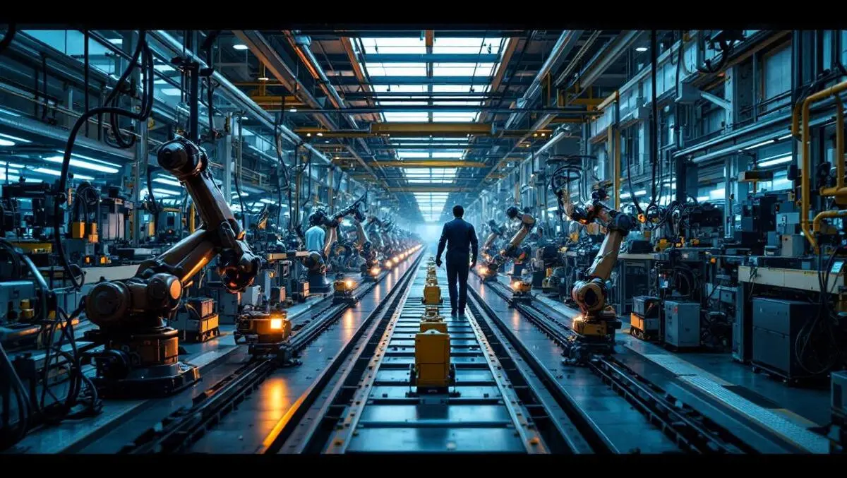 European car factory ai robots vs legacy machinery cinematic wide angle