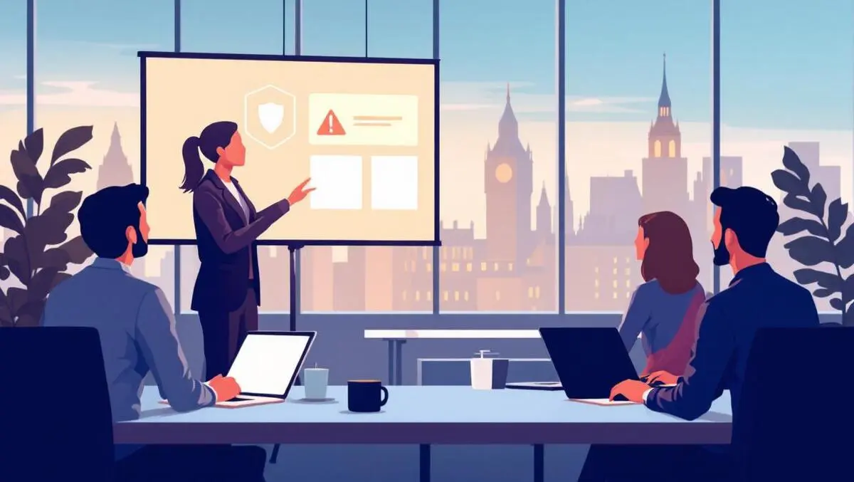 Uk office cybersecurity training session presenter shield warning
