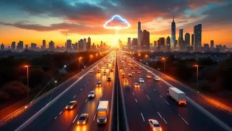 Smart city highway telematics connected vehicles cloud dusk scene
