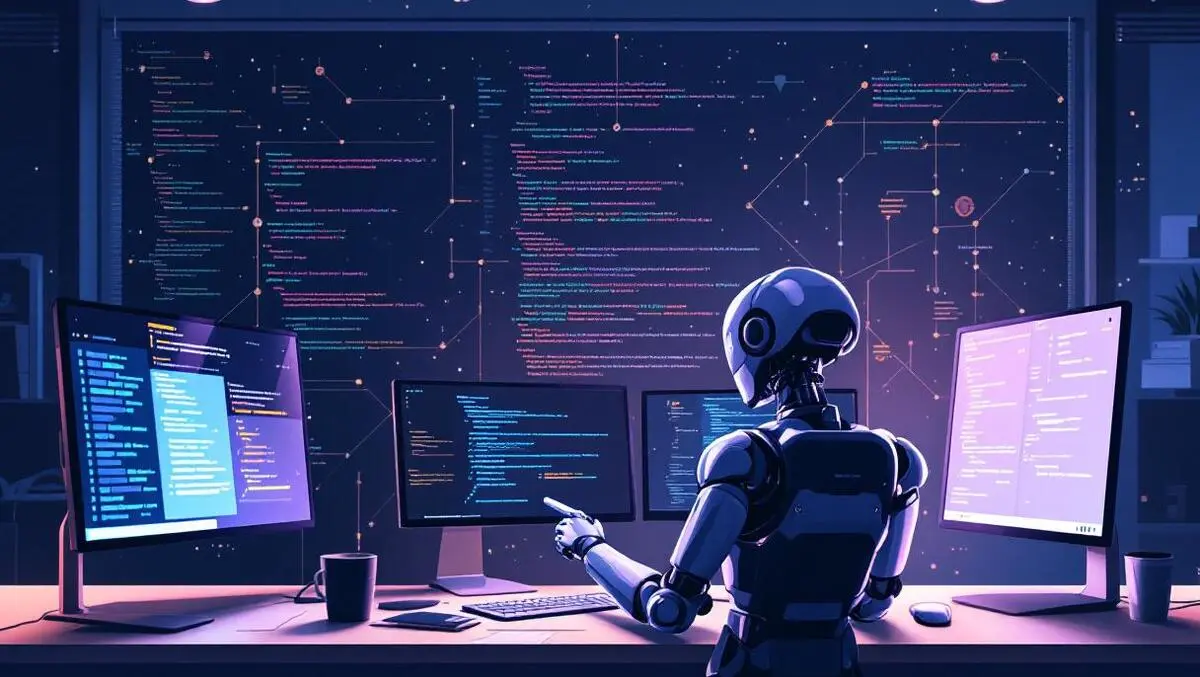 Night office engineer with agentic ai robot arm coding screens
