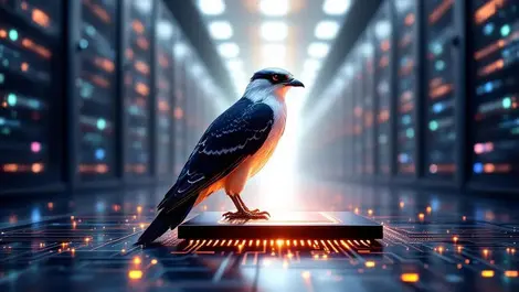 Falcon on glowing chip abu dhabi data center uae compact ai scene