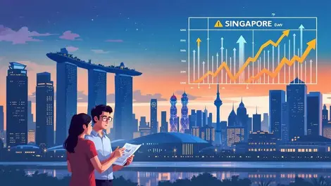 Singapore skyline dusk worried couple falling bills rising markets