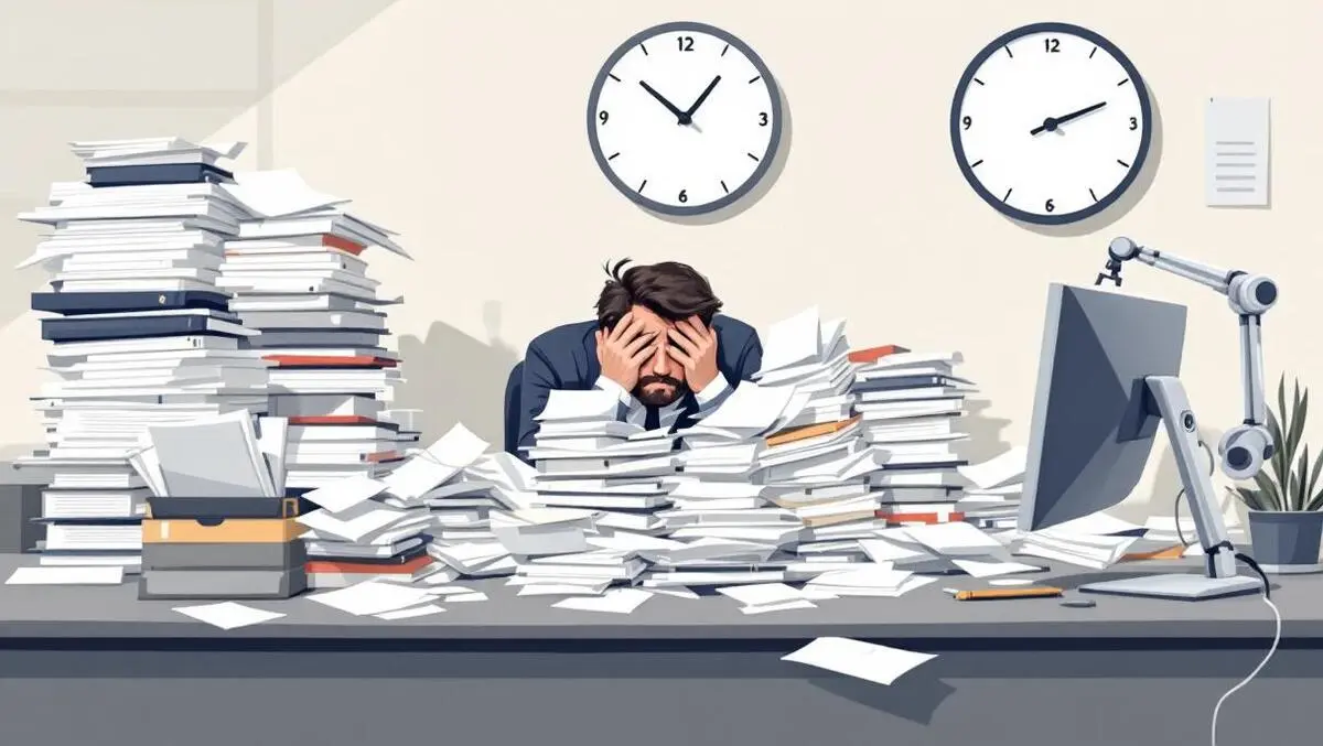 Tired european office worker buried in paperwork idle automation
