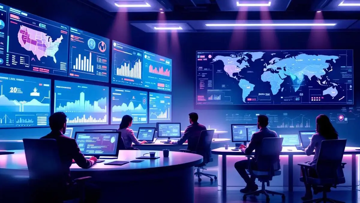 Cinematic soc with analysts world map us middle east cyber ops