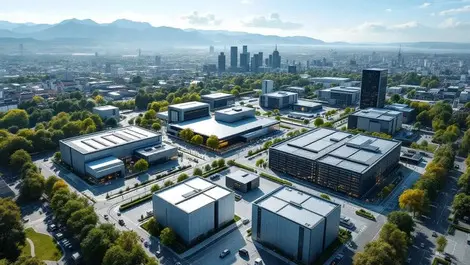 Aerial view ai data center campus munich european city alps