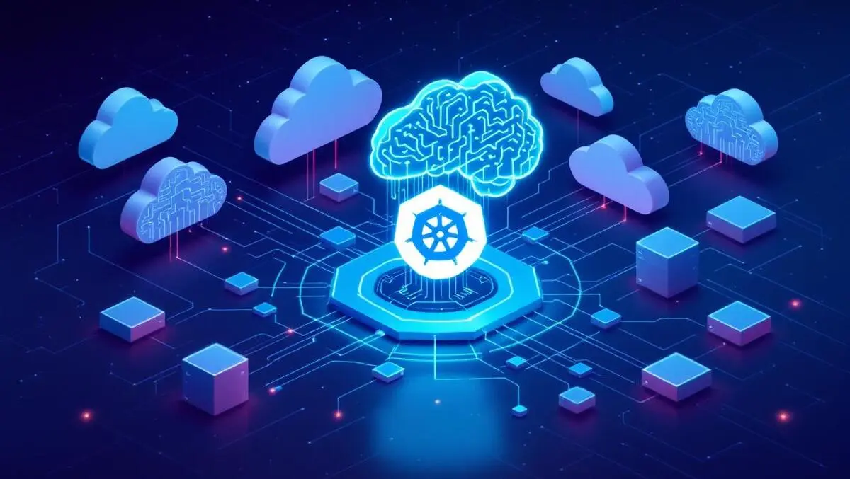 Kubernetes helm central glowing container network ai clouds