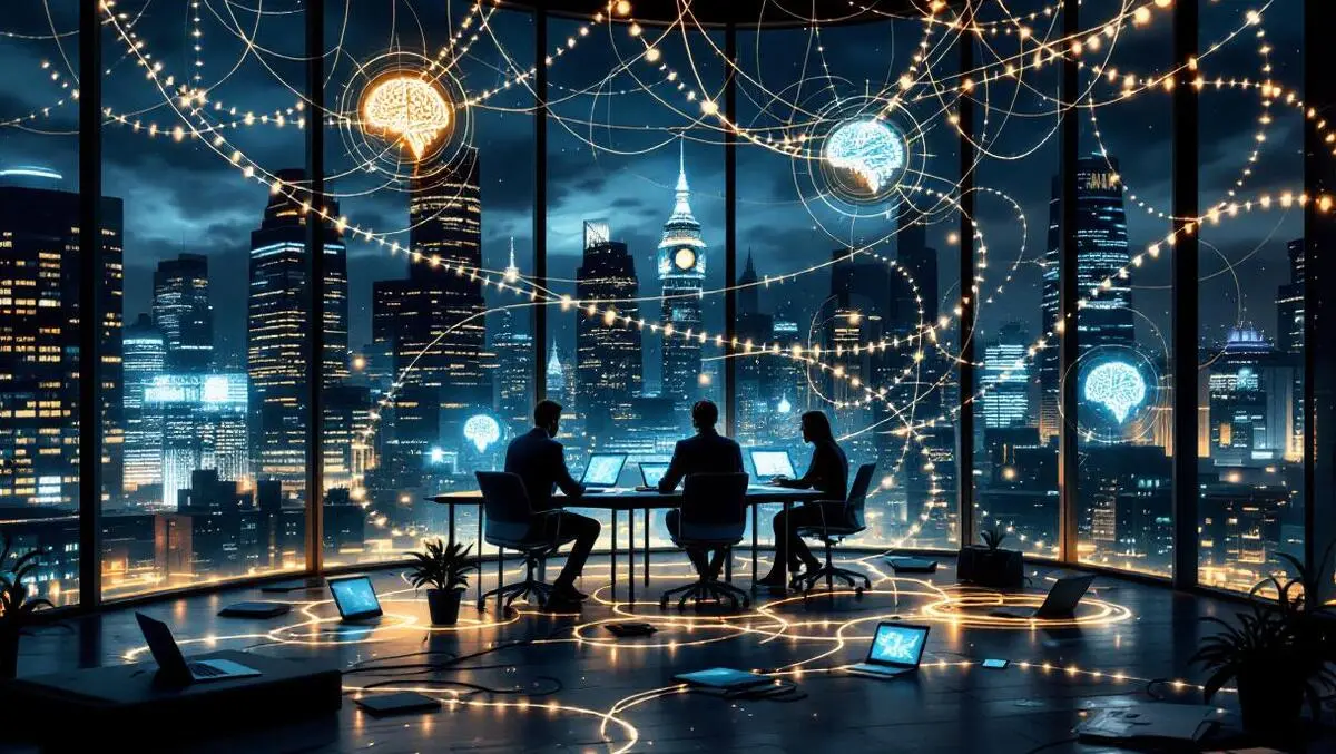 London night office shadow ai glowing data cables weak governance