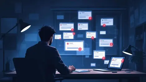 Moody office worker viewing phishing emails on laptop cool blue tones