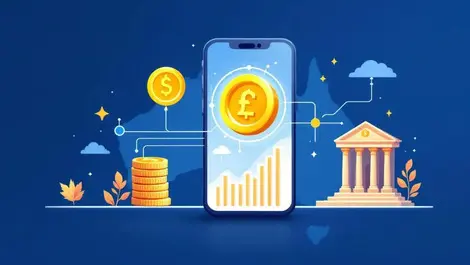 Australian digital banking smartphone coin charts flat illustration