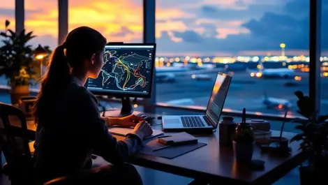 Traveler at modern desk with laptop and colorful flight route map