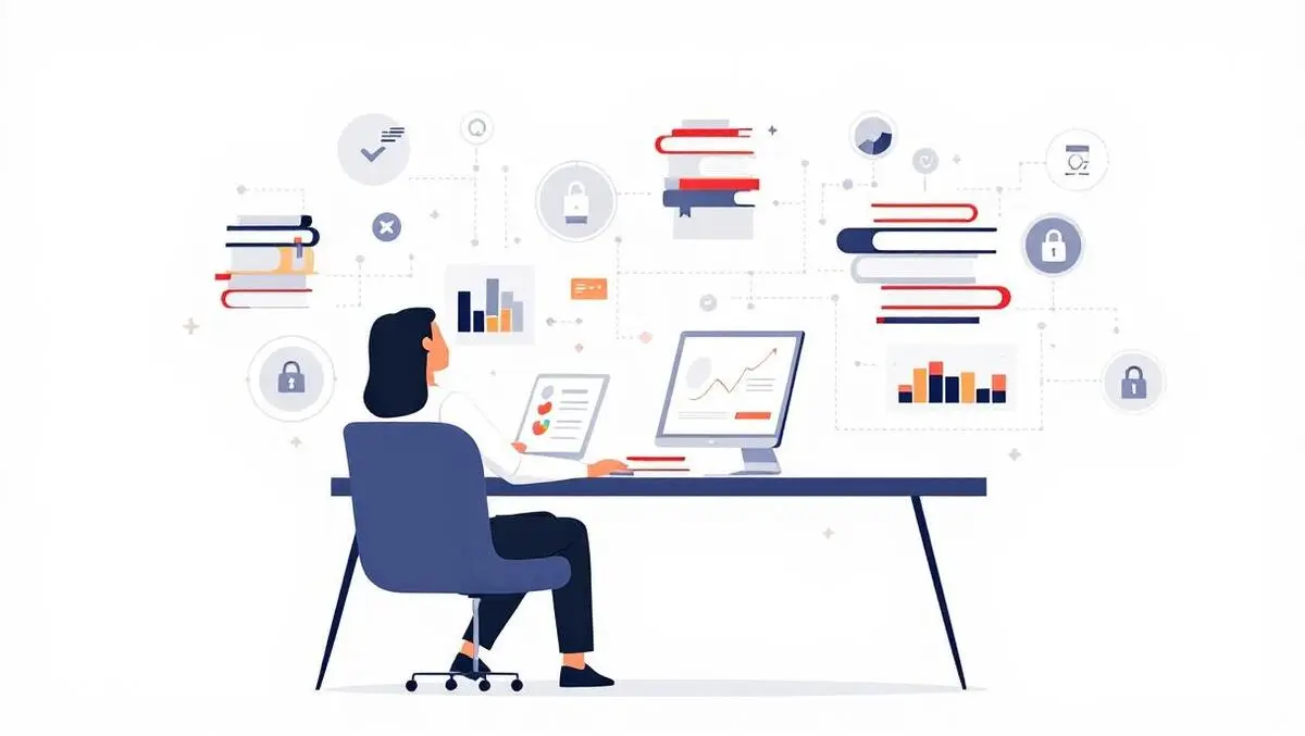 Ai research workspace floating journals charts data privacy icons