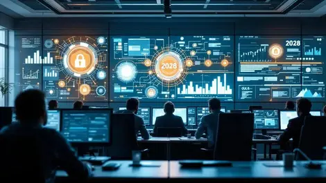 Modern corporate soc room analysts monitoring future 2028 security