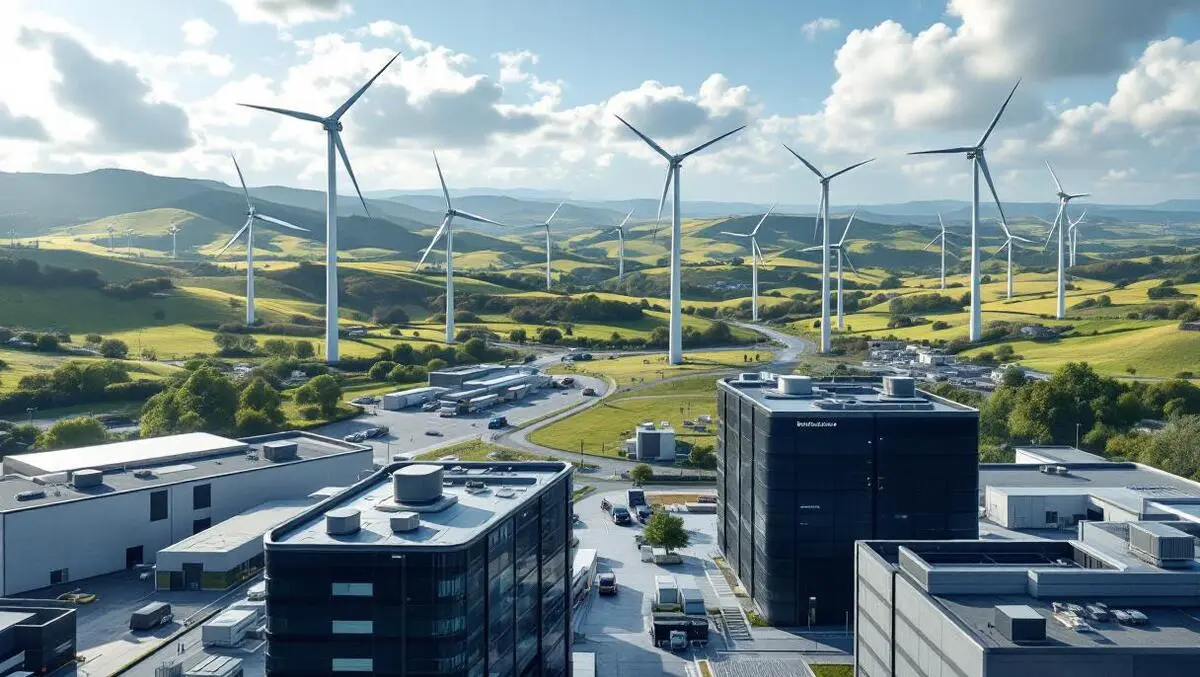 Cinematic ai data centre london welsh hills wind turbines sky
