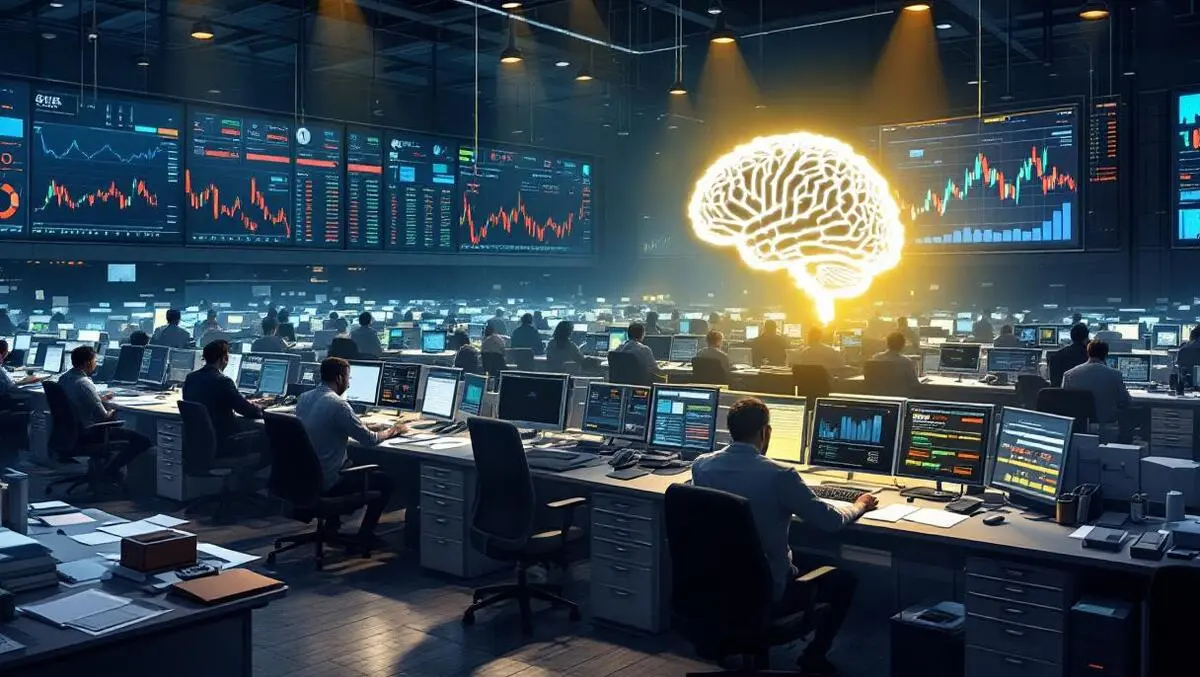 London stock exchange floor dim desks single bright ai ready workstation