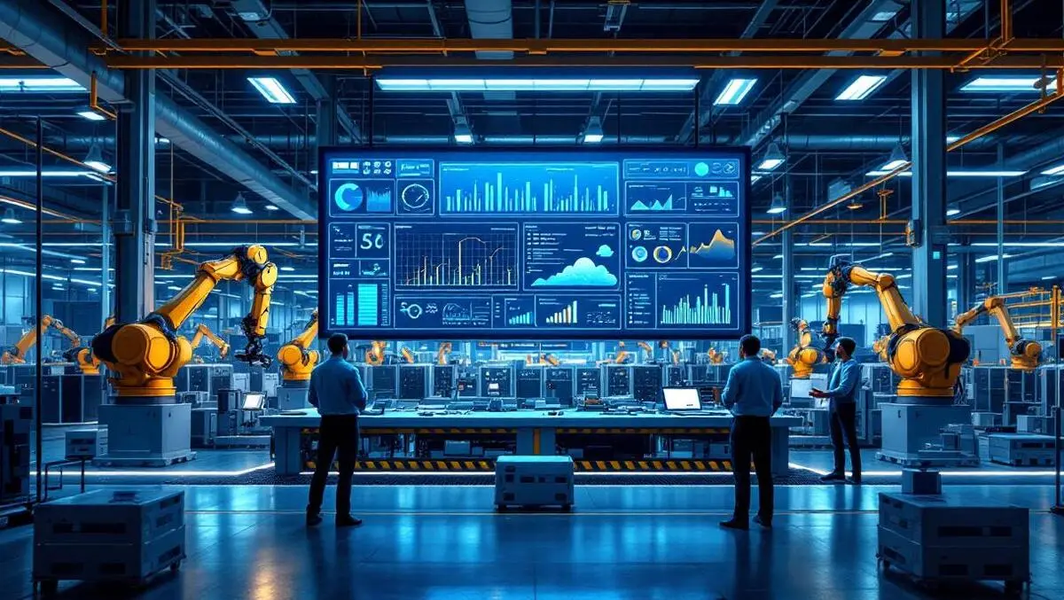 Modern ai powered factory with robots dashboards and data clouds
