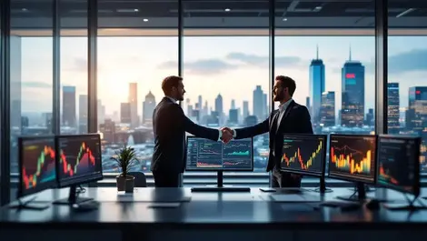 Frankfurt trading floor pros shaking hands modern glass office view